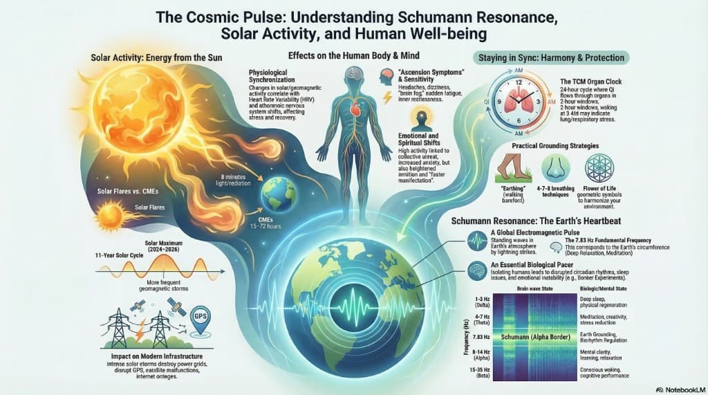 Infographic: The Cosmic Pulse – Schumann resonance, solar activity, effects on body and mind, grounding strategies, and the 7.83 Hz Earth heartbeat.